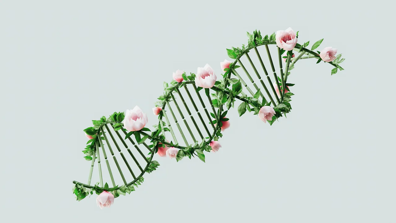 heros-img A creative representation of a DNA helix using flowers and leaves, symbolizing nature and biotechnology.